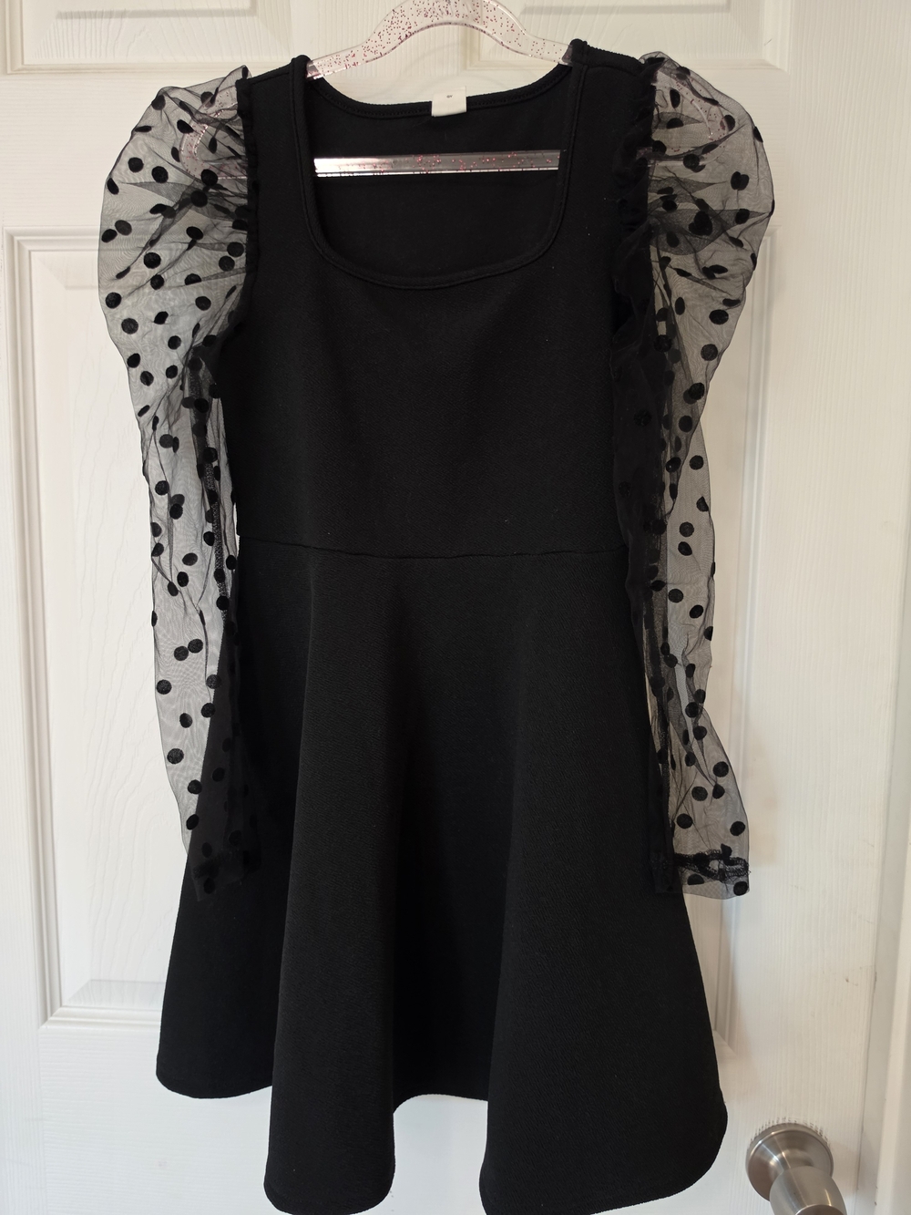 SHEIN Black Polka Dot Mesh Puff Sleeve Skater Dress Size 10